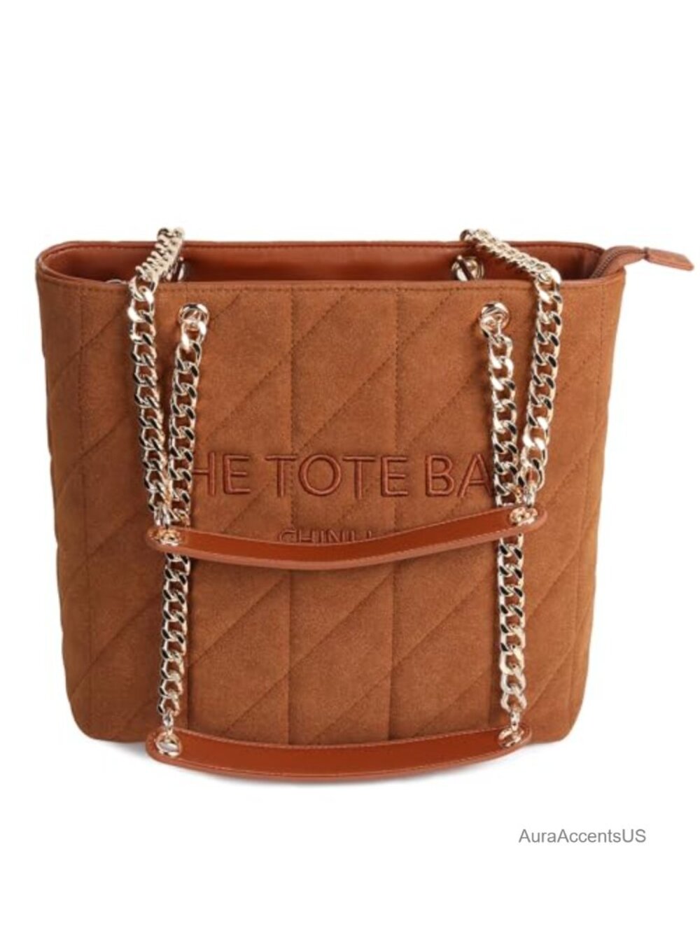 Medium Quilted Chain Handle Tote Bag for Women with Zipper Pockets
